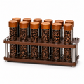 Walnut and metal 12-tube coffee dosing organizer on white background