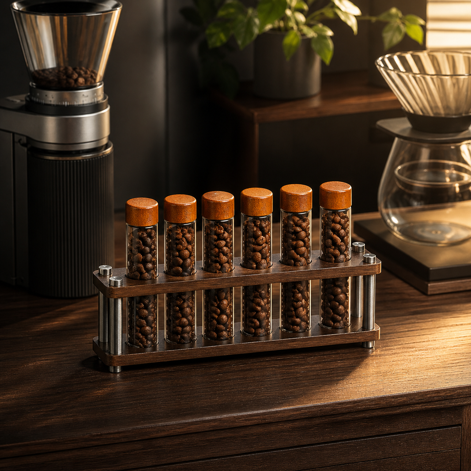 Six-tube coffee dosing organizer on a warm home coffee bar