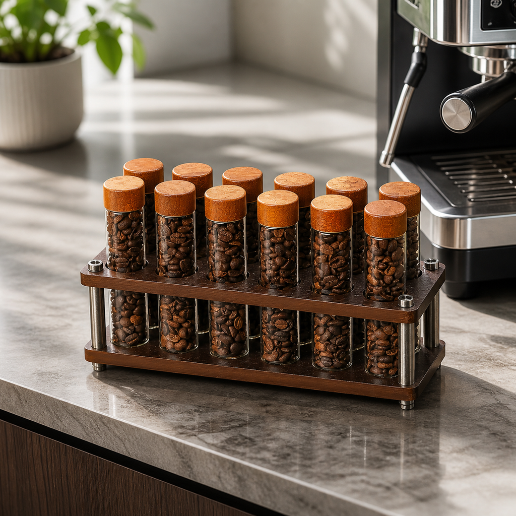 Twelve-tube coffee dosing organizer beside an espresso machine