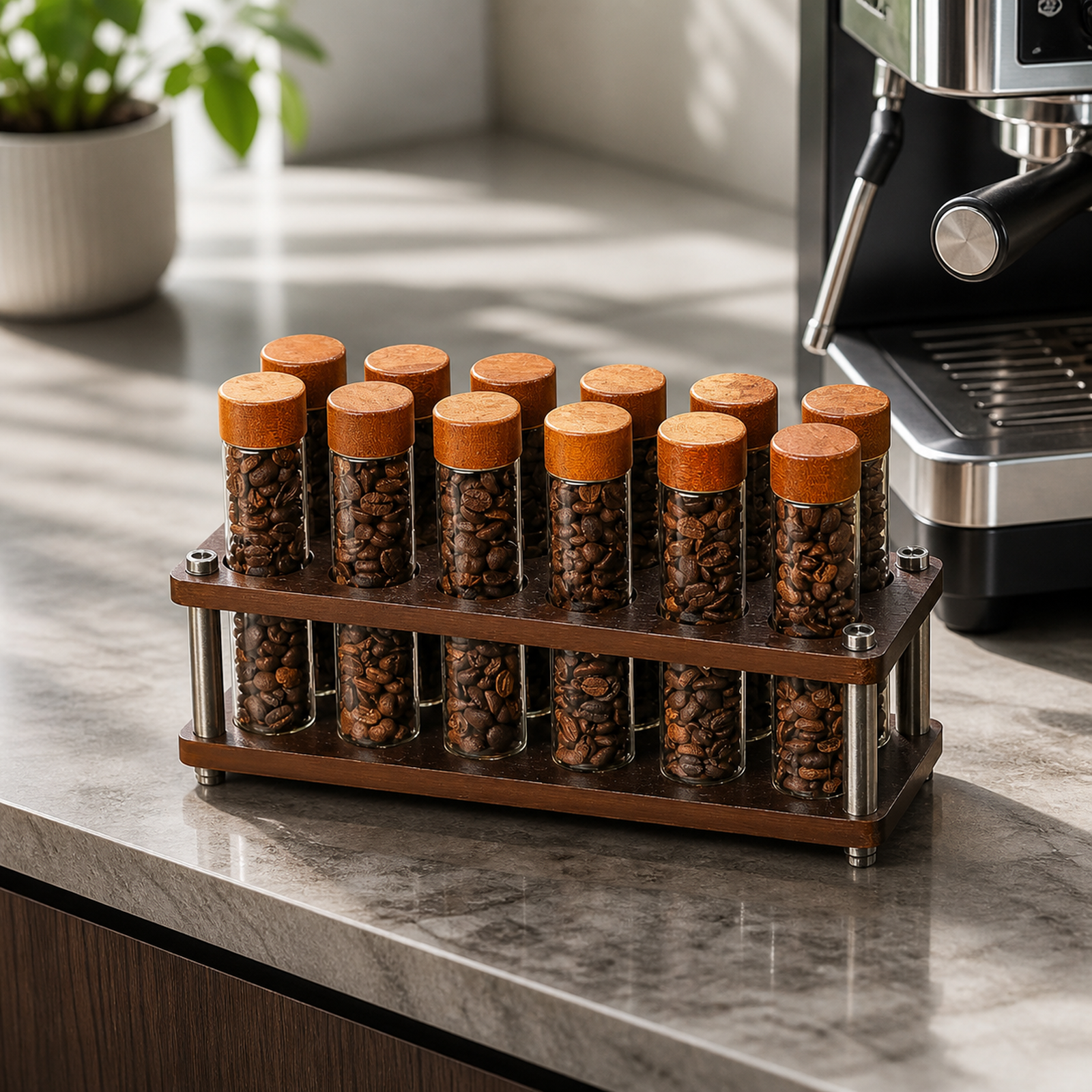 Twelve-tube coffee dosing organizer beside an espresso machine