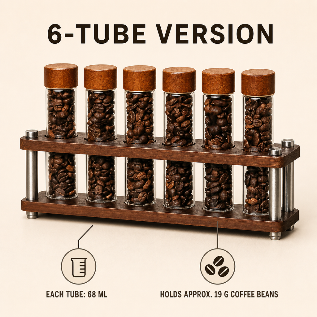 Six-tube coffee dosing organizer with 68 ml tube capacity specifications