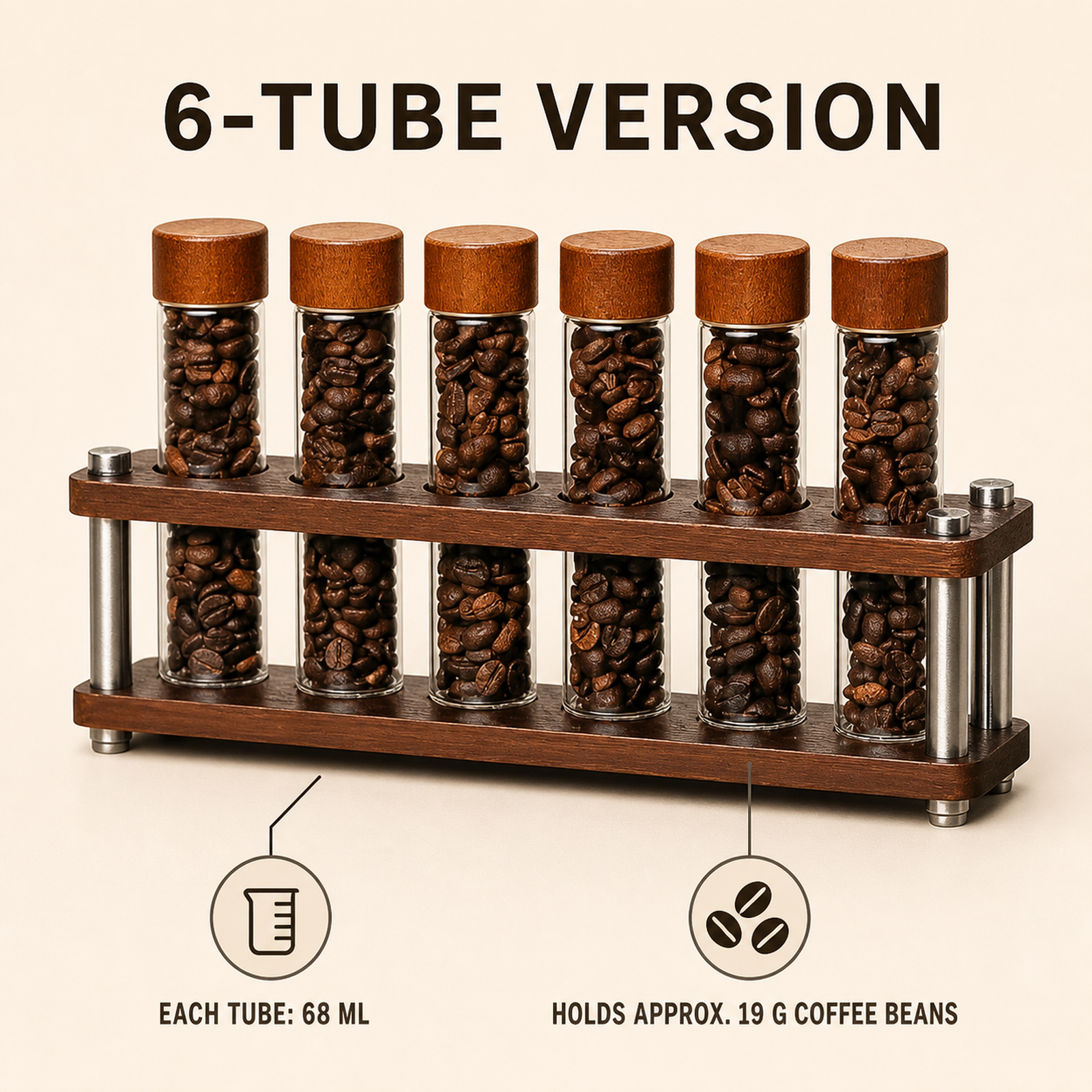 Six-tube coffee dosing organizer with 68 ml tube capacity specifications