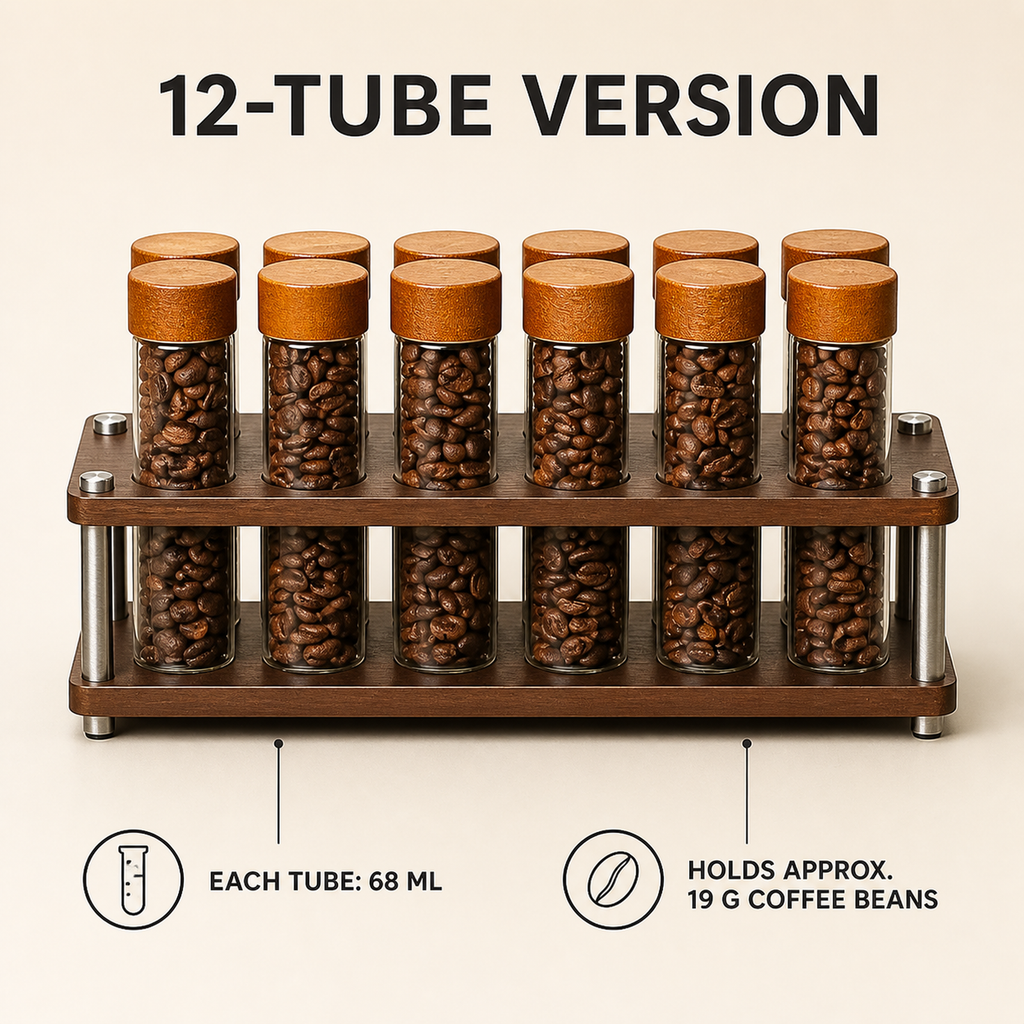 Twelve-tube coffee dosing organizer with 68 ml tube capacity specifications