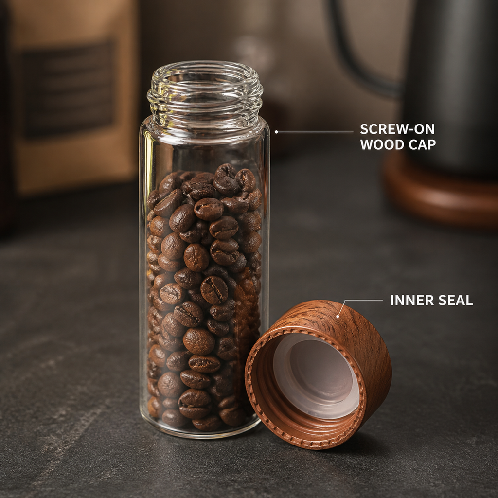 Glass coffee dosing tube with screw-on wood cap and inner seal detail