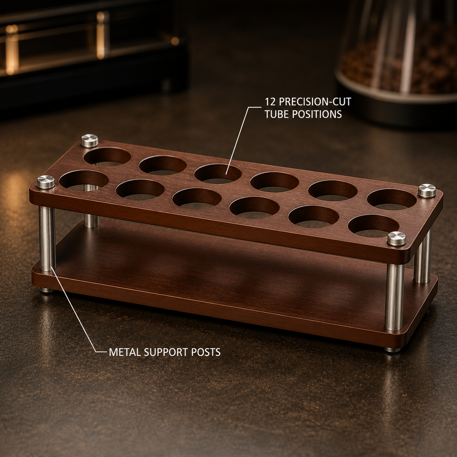 Empty dark wood and metal rack with twelve tube positions