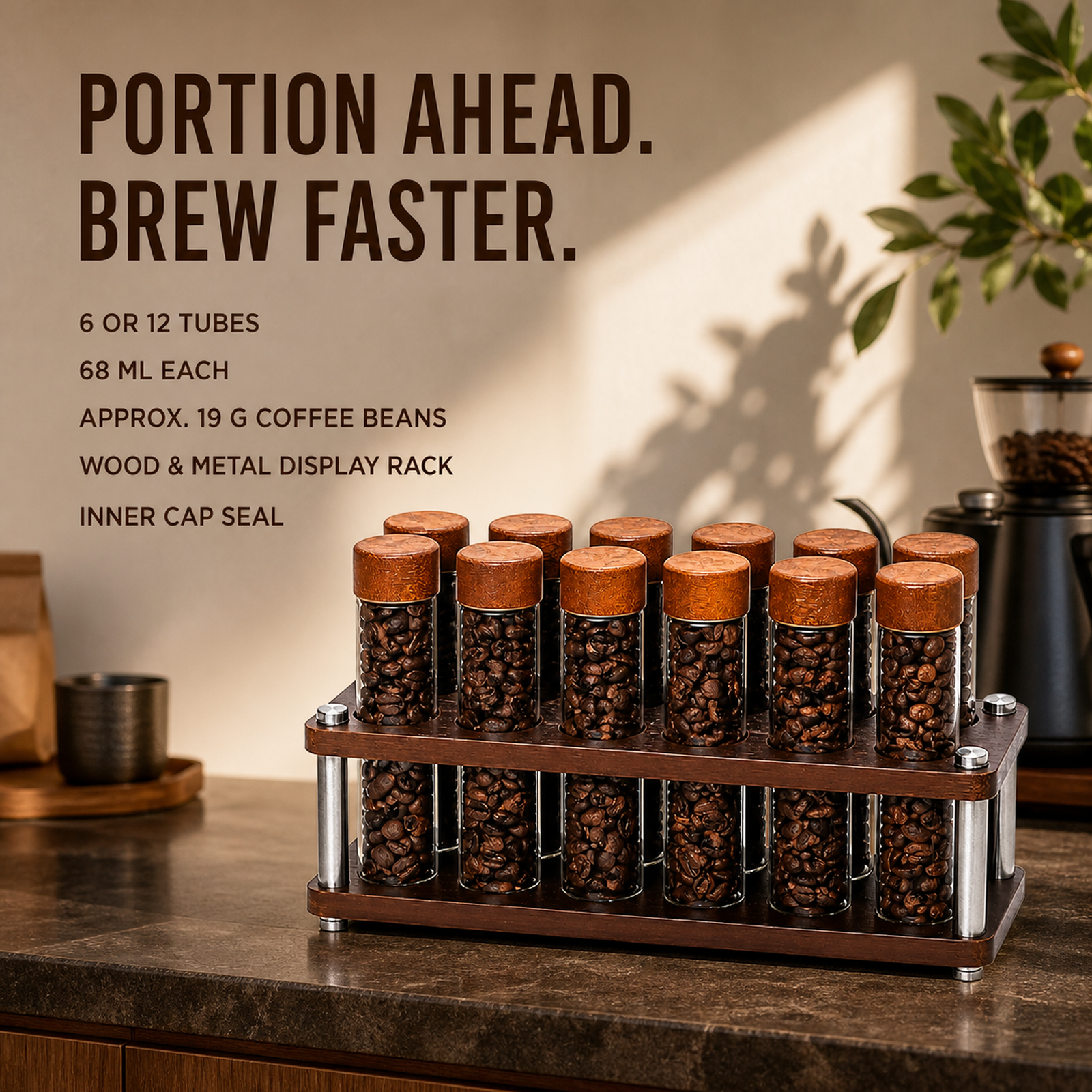 Walnut and metal coffee dosing organizer features for 6 or 12 tubes