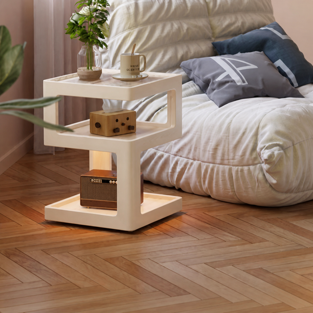 Warm white three-tier coffee side table beside a lounge chair