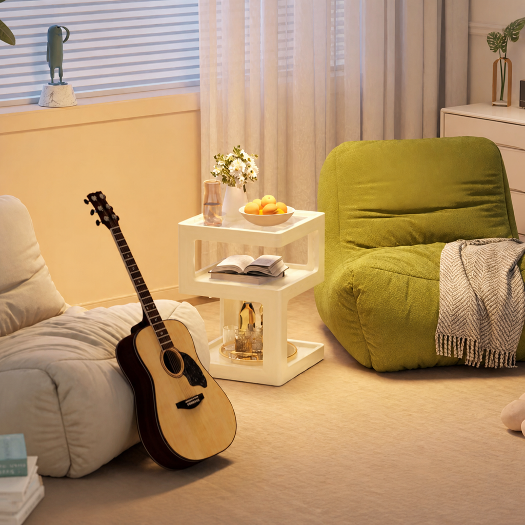 Warm white three-tier coffee side table in a cozy reading corner