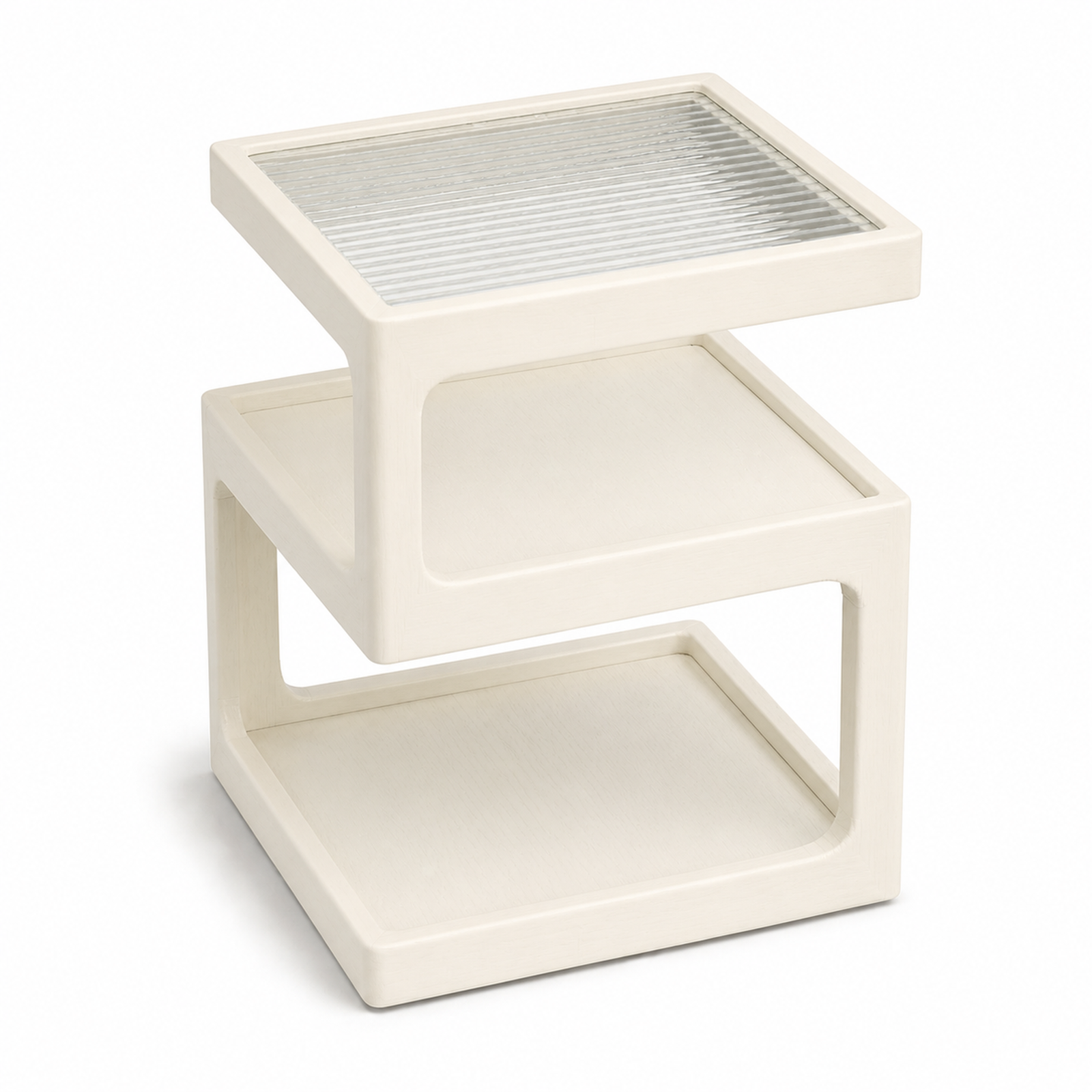 Warm white three-tier coffee side table with alternating diagonal supports on white